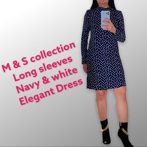 On SALE ! Marks and spencer chic navy and white dot long sleeve dress. NEW !